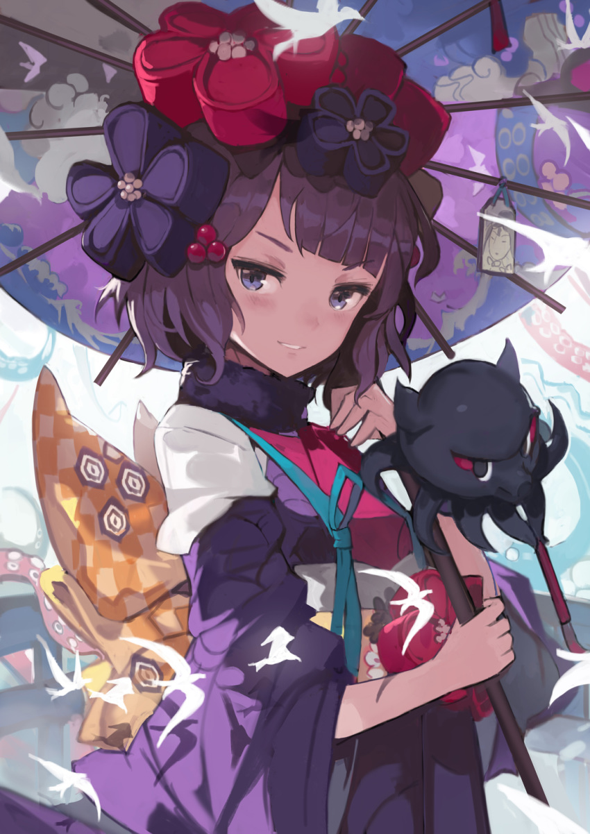 andrian_gilang black_eyes black_hair commentary_request fate/grand_order fate_(series) flower grin hair_flower hair_ornament highres japanese_clothes katsushika_hokusai_(fate/grand_order) looking_at_viewer octopus oriental_umbrella short_hair smile tasuki tokitarou_(fate/grand_order) umbrella