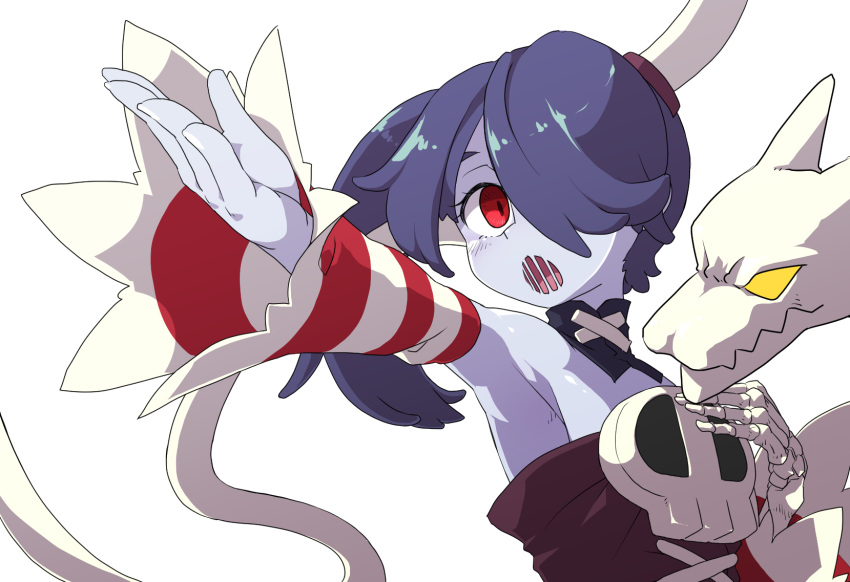 akaino_(akaomi) armpits bare_shoulders blue_skin blush bone detached_collar detached_sleeves eyelashes fingernails hair_over_one_eye highres leviathan_(skullgirls) long_sleeves music open_mouth outstretched_arm purple_hair red_eyes side_ponytail singing skeletal_arm skull skullgirls solo squigly_(skullgirls) striped tongue turtleneck upper_body wide_sleeves zombie