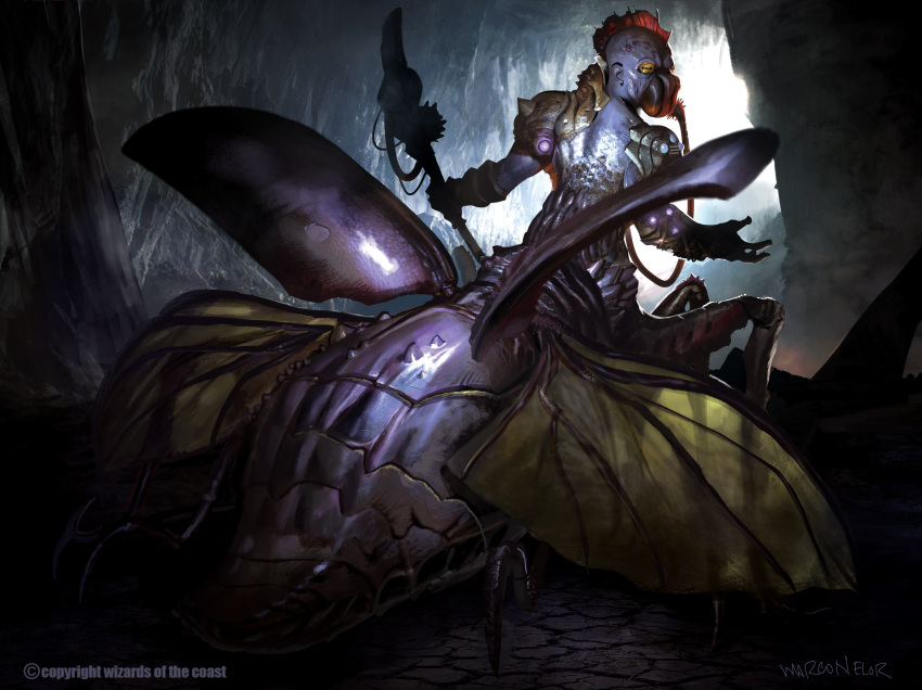 absurd_res arthropod backlit cave hi_res holding_object holding_weapon hybrid insect insectoid inside magic_the_gathering male marco_nelor melee_weapon membranous_wings official_art polearm rear_view signature solo spear spread_wings standing weapon wings