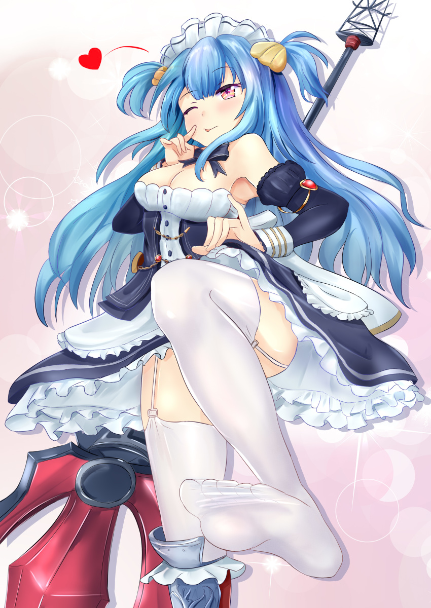 ;) absurdres apron azur_lane bangs bare_shoulders black_bow black_dress black_neckwear blue_hair blush bow bowtie breasts clam cleavage closed_mouth detached_sleeves dress dress_lift eyebrows eyebrows_visible_through_hair feet finger_to_face frilled_apron frilled_dress frills garter_straps grey_footwear hair_between_eyes hand_up heart highres leg_up lifted_by_self long_hair long_sleeves maid maid_apron maid_headdress medium_breasts mr_lobster neptune_(azur_lane) one_eye_closed pink_eyes polearm puffy_long_sleeves puffy_sleeves raised_eyebrow shoes single_shoe sleeve_cuffs smile soles solo standing standing_on_one_leg strapless strapless_dress thighhighs tongue tongue_out trident two_side_up waist_apron weapon white_legwear zettai_ryouiki