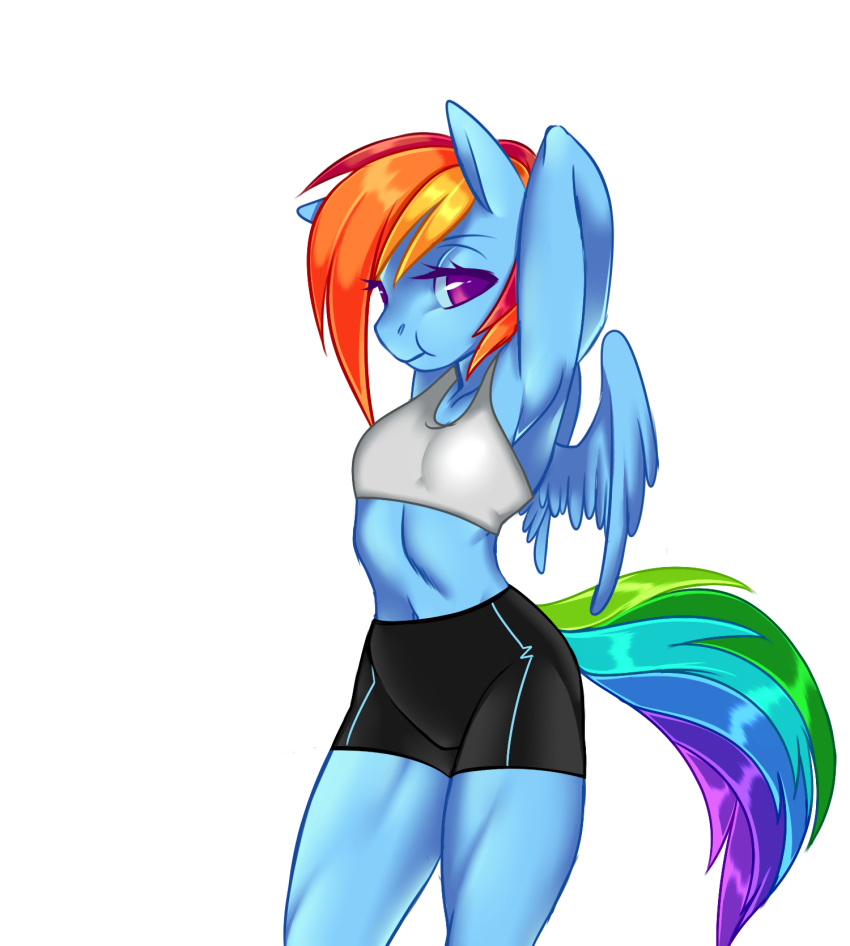 2016 alpha_channel anthro anthrofied blue_feathers bra breasts clothed clothing equine feathered_wings feathers female friendship_is_magic hair half-closed_eyes hi_res kronilix looking_at_viewer mammal midriff multicolored_hair multicolored_tail my_little_pony navel pegasus rainbow_dash_(mlp) rainbow_hair rainbow_tail simple_background small_breasts solo sports_bra standing transparent_background underwear wings