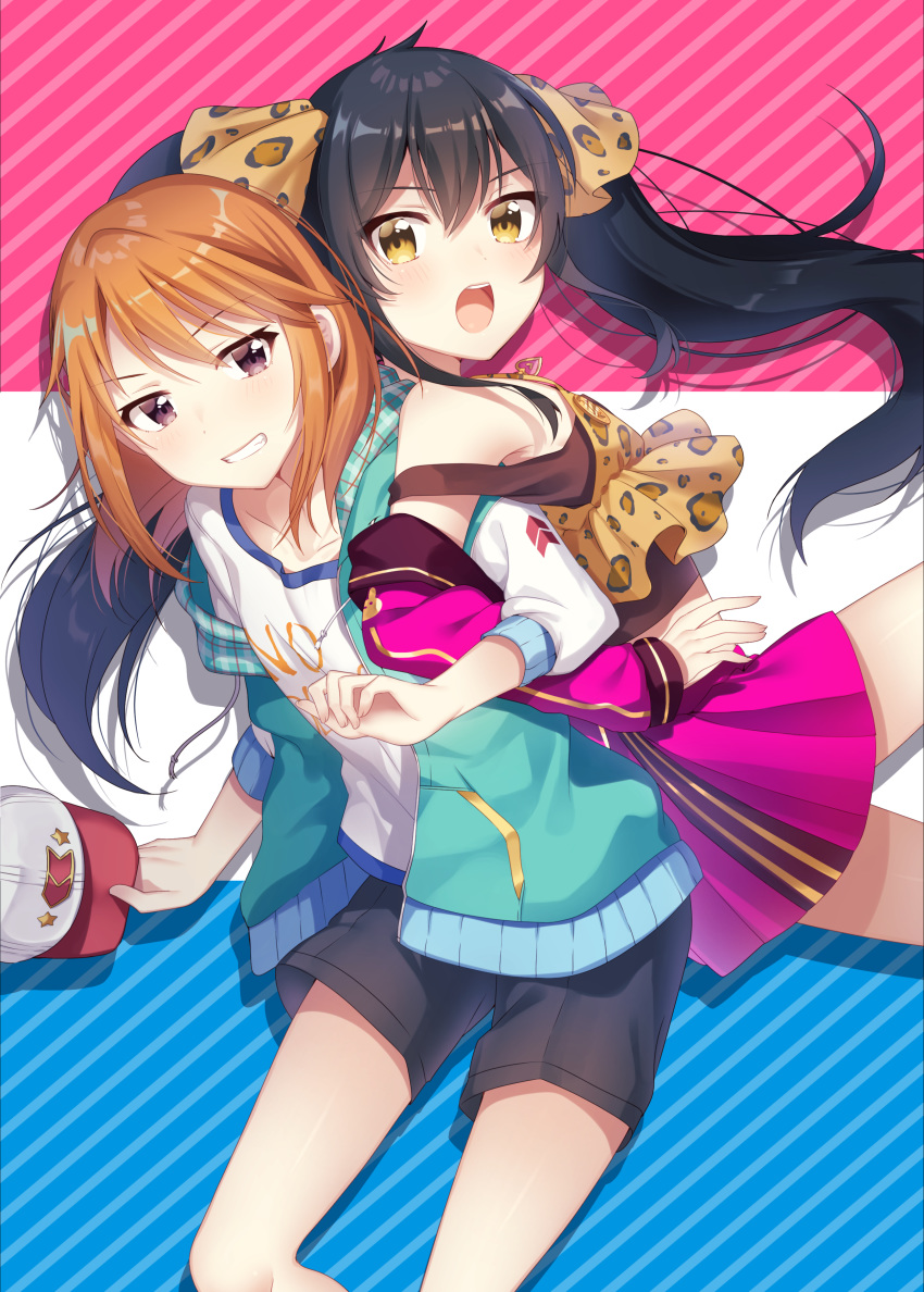 absurdres animal_print back-to-back bare_shoulders baseball_cap black_hair blush bow brown_eyes clothes_writing commentary_request diagonal-striped_background diagonal_stripes floating_hair grin hair_bow hat hat_removed headwear_removed heart heart_necklace highres holding holding_hat ichiren_namiro idolmaster idolmaster_cinderella_girls jacket leopard_print locked_arms long_hair looking_at_viewer matoba_risa multiple_girls open_clothes open_jacket open_mouth orange_hair shirt short_shorts shorts smile striped striped_background twintails two-tone_background white_shirt yellow_eyes yuuki_haru