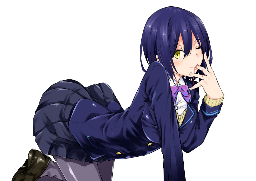 ;) all_fours arched_back bangs black_skirt blazer blue_hair blue_jacket blush bow bowtie brown_footwear closed_mouth collared_shirt eyebrows_visible_through_hair finger_in_mouth fingernails fukuyama_naoto grey_legwear hair_between_eyes highres jacket loafers looking_at_viewer mole mole_under_eye nijisanji one_eye_closed pantyhose pleated_skirt purple_neckwear shirt shizuka_rin shoes simple_background skirt smile solo sweater virtual_youtuber white_background white_shirt yellow_eyes