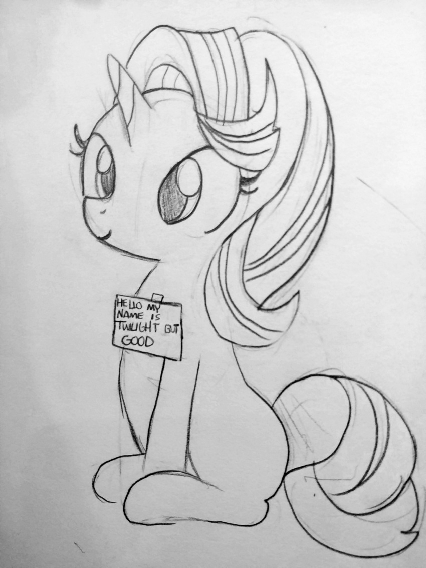 2018 english_text equine eyelashes female friendship_is_magic horn lie mammal monochrome my_little_pony sign simple_background sitting sketch smile solo starlight_glimmer_(mlp) tape text tjpones unicorn white_background