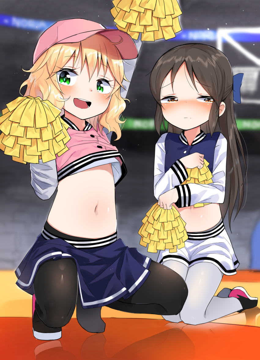 absurdres arm_up bad_id bad_pixiv_id black_legwear blonde_hair blue_shirt blue_skirt blush bow brown_eyes brown_hair cheerleader covering covering_chest crop_top embarrassed green_eyes hair_bow hat highres idolmaster idolmaster_cinderella_girls kneeling long_hair midriff multiple_girls navel noria open_mouth pantyhose pink_shirt pom_poms ribbon sakurai_momoka shirt shoes short_hair skirt smile spread_legs squatting stadium tachibana_arisu white_legwear white_skirt