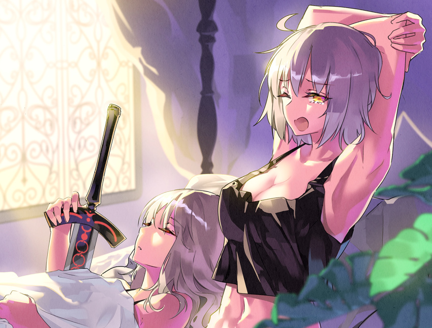 ;o ahoge armpits arms_up artoria_pendragon_(all) bare_shoulders bed breasts camisole canopy_bed character_request cleavage closed_eyes collarbone dark_excalibur day eyebrows_visible_through_hair fate/grand_order fate_(series) indoors jeanne_d'arc_(alter)_(fate) jeanne_d'arc_(fate)_(all) large_breasts leaf lying multiple_girls on_back on_bed one_eye_closed open_mouth parted_lips pillow saber_alter shiny shiny_hair short_hair silver_hair sleeping stretch sunlight tears tsurukame under_covers upper_body waking_up window yawning yellow_eyes