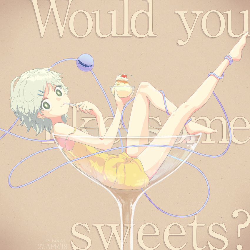 :3 bare_arms bare_legs bare_shoulders barefoot bowl bright_pupils brown_background cherry closed_mouth cocktail_glass commentary_request cream cup dress drinking_glass eating english food from_side fruit full_body green_eyes green_hair hair_ornament hairclip highres holding in_container kisamu_(ksmz) komeiji_koishi leg_up looking_at_viewer short_dress short_hair simple_background smile solo spaghetti_strap spoon strap_slip third_eye touhou yellow_dress
