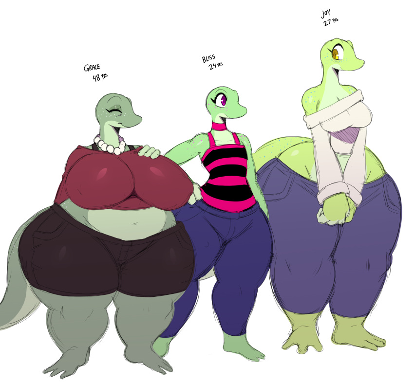 2018 absurd_res anthro belly big_breasts big_thighs biped bliss_(sssonic2) breasts choker clothed clothing daughter dimples eyes_closed female flat_chested gem grace_(sssonic2) hi_res huge_hips huge_thighs hyper hyper_hips jewelry joy_(sssonic2) lizard midriff mother mother_and_daughter navel pants parent pearl_(gem) pearls pink_eyes reptile scalie shirt sibling simple_background sisters sssonic2 standing tank_top thick_thighs voluptuous white_background wide_hips yellow_eyes