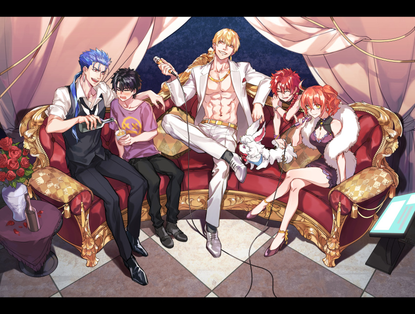 4boys abs ahoge alcohol alexander_(fate/grand_order) alternate_costume anklet black_footwear black_hair black_pants blonde_hair blue_hair blush bottle bouquet braid brown_hair closed_eyes closed_mouth couch creature crossed_legs curtains dress drunk fate/grand_order fate_(series) flower fou_(fate/grand_order) fujimaru_ritsuka_(female) fujimaru_ritsuka_(male) gilgamesh glass grin high_heels highres holding holding_microphone jacket jewelry lancer long_hair looking_at_viewer messy_hair microphone multiple_boys necklace pants ponytail pouring print_shirt purple_dress purple_footwear purple_shirt red_eyes red_flower red_hair red_rose rose shirt shoes short_hair side_ponytail single_braid sitting smile table tsubasara_mingri wavy_mouth white_footwear white_jacket white_pants yellow_eyes