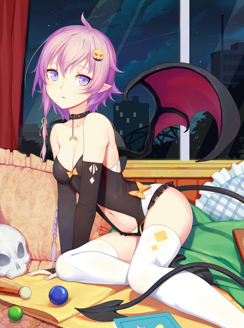 :o absurdres arm_support ball bangs bare_shoulders black_choker black_footwear black_leotard blush book bow bra breasts bridal_gauntlets cat_ear_panties choker cityscape cleavage curtains demon_girl demon_tail demon_wings feet_out_of_frame frilled_pillow frills high_heels highres indoors jewelry leotard looking_at_viewer md5_mismatch mole mole_under_eye nail_polish navel navel_cutout night night_sky original panties panty_peek parted_lips pendant pillow pink_hair pink_nails pointy_ears purple_eyes red_wings short_hair_with_long_locks skull sky small_breasts sonikey0_0 tail thighhighs underwear white_bra white_hair white_panties window wings yellow_bow