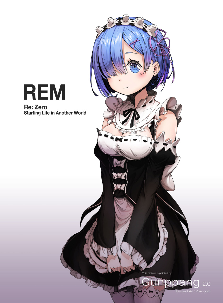 absurdres apron artist_name blue_eyes blue_hair blush breasts character_name closed_mouth copyright_name detached_sleeves dress english frilled_apron frills gradient gradient_background gunppang hair_ornament hair_over_one_eye hairband head_tilt highres long_sleeves looking_at_viewer maid medium_breasts number re:zero_kara_hajimeru_isekai_seikatsu rem_(re:zero) ribbon-trimmed_clothes ribbon-trimmed_legwear ribbon_trim short_hair smile solo thighhighs v_arms waist_apron white_apron white_legwear x_hair_ornament
