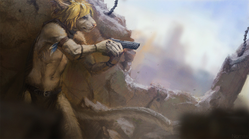 anthro armband blonde_hair clothed clothing feathers feline fur grimace gun hair handgun lion loincloth male mammal nomax ranged_weapon solo topless weapon whiskers white_fur