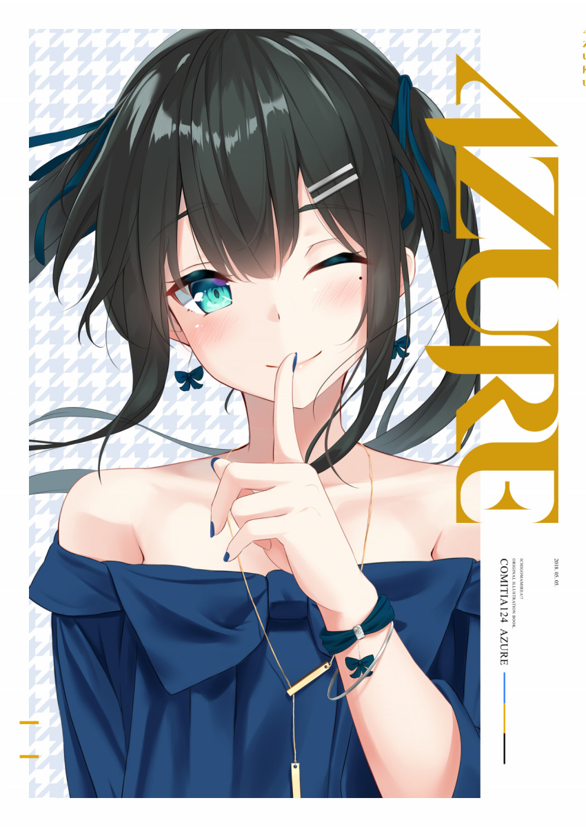 ;) animal_ears aqua_eyes bangle bangs black_bow blue_nails blue_ribbon blue_shirt blush bow bow_earrings bracelet closed_mouth collarbone comitia eyebrows_visible_through_hair finger_to_mouth hair_ribbon hand_up head_tilt highres index_finger_raised jewelry long_hair looking_at_viewer mirea mole mole_under_eye nail_polish necklace off-shoulder_shirt one_eye_closed original patterned_background ribbon shirt shushing sidelocks smile solo twintails