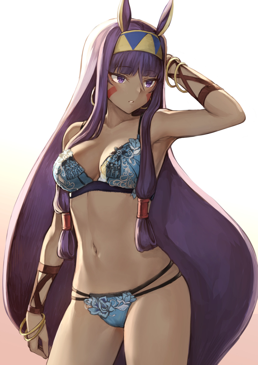 animal_ears arm_up armpits bangle bangs blue_bra blue_panties blunt_bangs bra bracelet breasts cleavage commentary contrapposto cowboy_shot dark_skin eyebrows_visible_through_hair facial_mark fate/grand_order fate_(series) gradient gradient_background hair_tubes hairband highres jewelry long_hair mashu_003 medium_breasts multi-strapped_panties navel nitocris_(fate/grand_order) panties parted_lips purple_eyes purple_hair sidelocks simple_background solo standing underwear underwear_only very_long_hair
