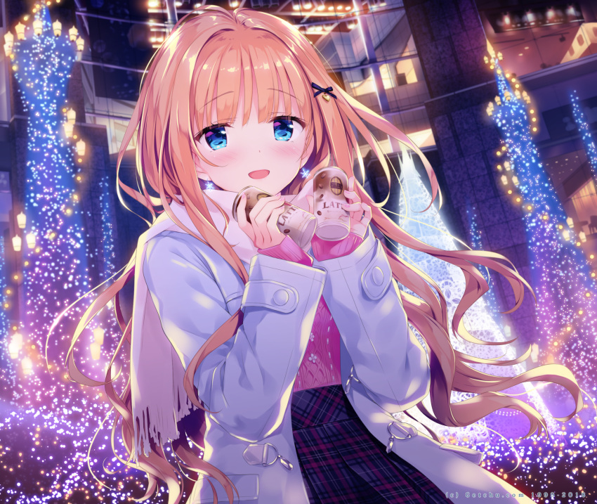 :d black_bow black_skirt blue_eyes blush bow can canned_coffee coat fringe_trim hair_bow hands_up heart high-waist_skirt highres holding holding_can kimishima_ao lamppost light_brown_hair lights long_hair long_sleeves looking_at_viewer night open_clothes open_coat open_mouth original outdoors pink_sweater plaid plaid_skirt pleated_skirt purple_coat saijo_melia scarf skirt sleeves_past_wrists smile solo sweater very_long_hair white_scarf window