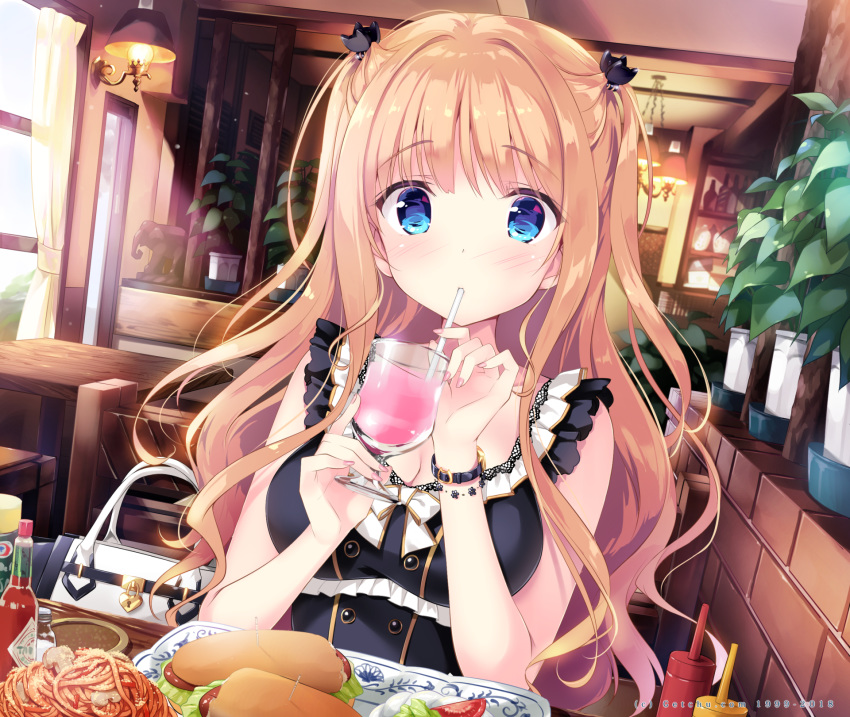 bag bare_arms bare_shoulders black_dress blue_eyes blush breasts cat_hair_ornament ceiling_light cleavage collarbone cup dating day dress drink drinking drinking_glass drinking_straw dutch_angle fingernails food hair_ornament handbag highres holding holding_cup indoors kimishima_ao light_brown_hair long_fingernails long_hair looking_at_viewer medium_breasts nail_polish original parted_lips pink_nails plant plate potted_plant restaurant saijo_melia sleeveless sleeveless_dress solo two_side_up very_long_hair wall_lamp watch window wristwatch