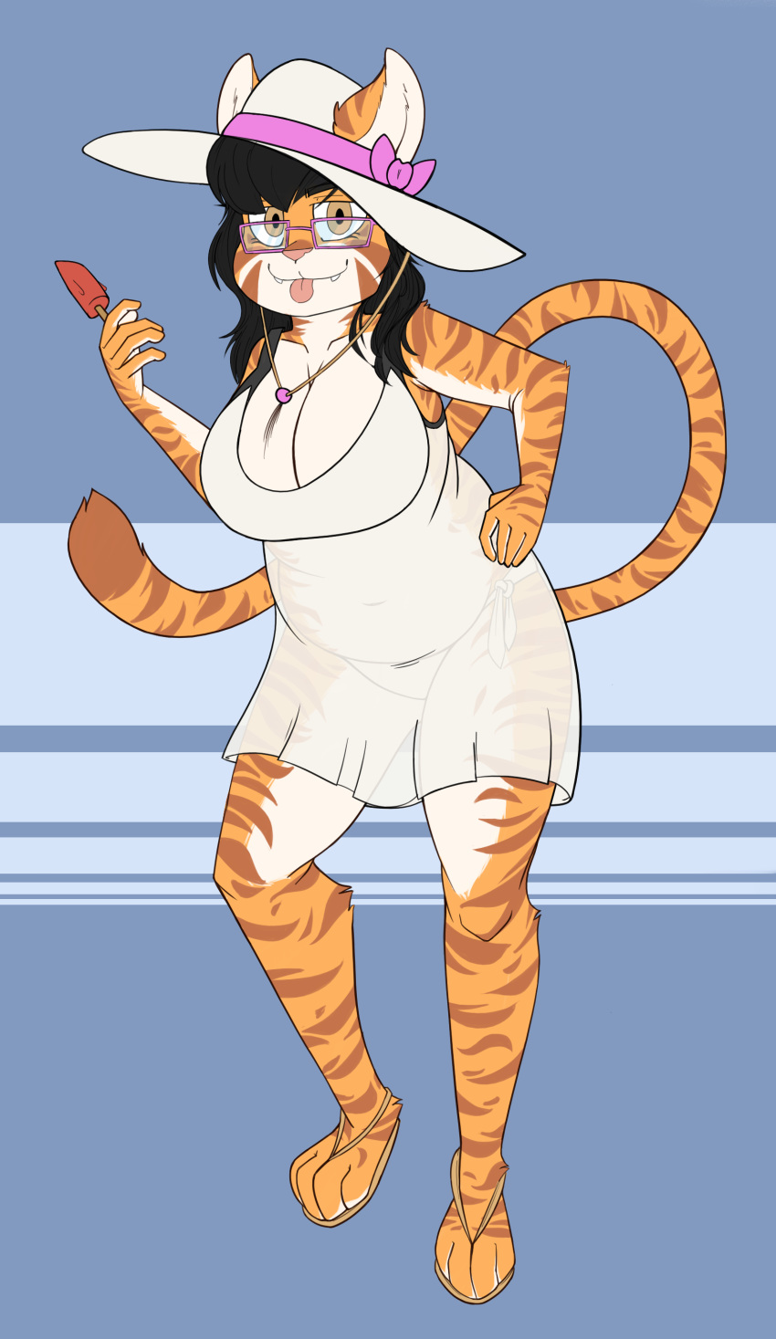 4rch big_breasts bikini bow breasts clothing dress eyewear feline female food footwear glasses hat lemmy_(cuiflame97) mammal popsicle sandals slightly_chubby solo sundress swimsuit tiger