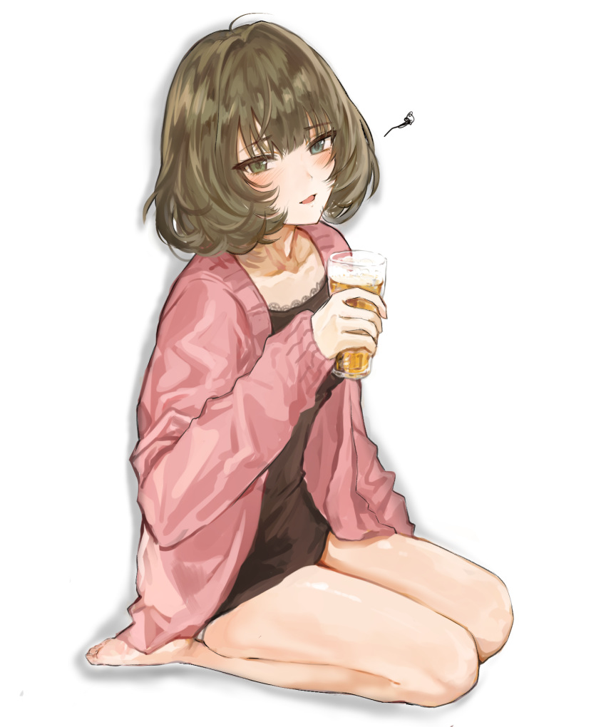 ahoge alcohol bare_legs barefoot beer blue_eyes blush brown_hair camisole cardigan collarbone cup drinking_glass eyebrows_visible_through_hair full_body green_eyes heterochromia highres holding holding_cup idolmaster idolmaster_cinderella_girls looking_at_viewer mole mole_under_eye open_cardigan open_clothes parted_lips seiza sera_nin short_hair simple_background sitting solo takagaki_kaede white_background