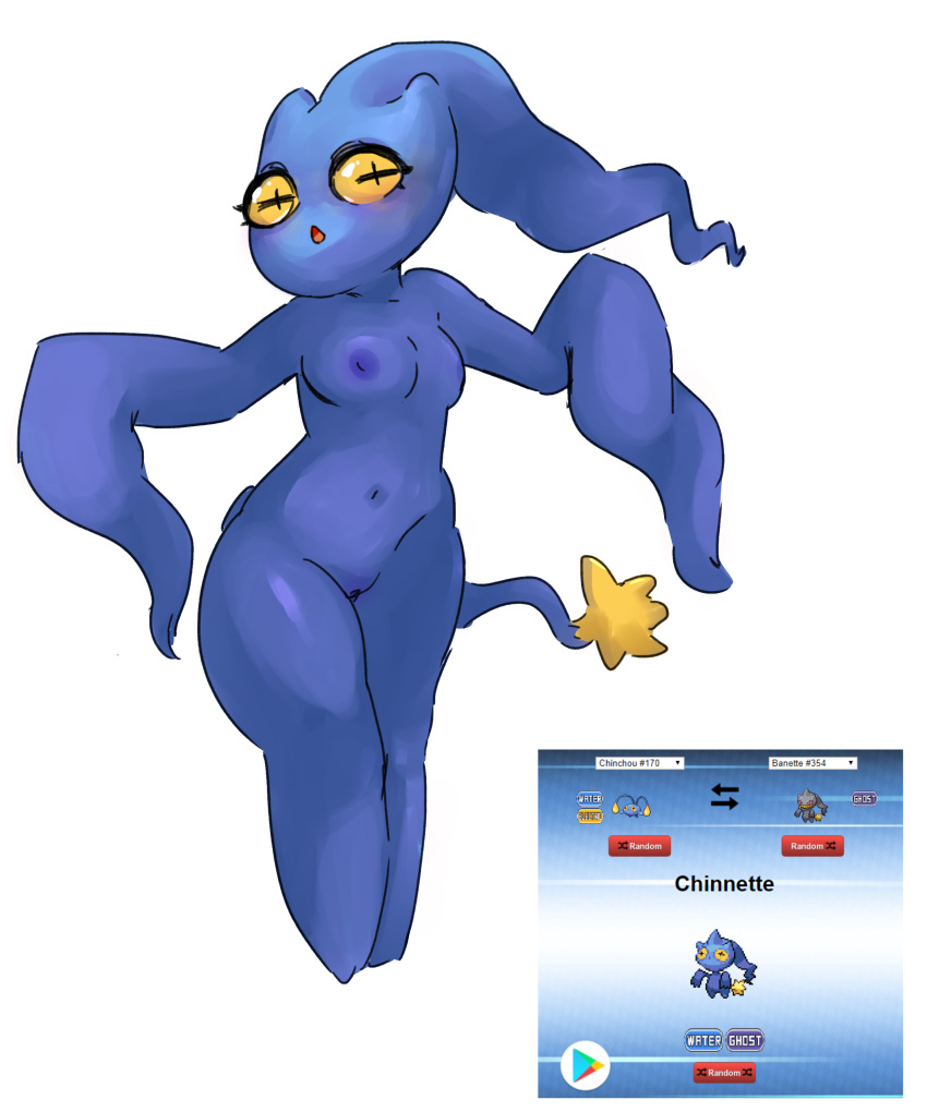 alternate_species banette blue_skin blue_tail breasts chinchou cross_pupils exotic_pupils fak&eacute;mon female front_view full-length_portrait fusion humanoid humanoidized hybrid navel nintendo nipples noseless nude open_mouth pok&eacute;mon pok&eacute;mon_(species) pok&eacute;mon_fusion pok&eacute;morph portrait purple_nipples pussy rainbowsprinklesart simple_background solo standing text video_games white_background yellow_eyes