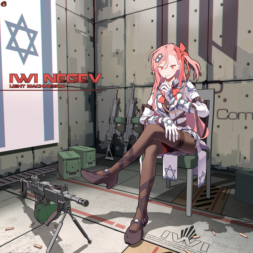 absurdres ammo_box ammunition arm_belt bow bowtie box braid breasts brown_legwear bullet chair circle_a girls_frontline gloves gun hair_bow hair_ornament hairclip hand_on_own_thigh hexagram high_heels highres holding imi_negev indoors israeli_flag jacket light_blush long_hair long_sleeves looking_at_viewer machine_gun medium_breasts miniskirt negev_(girls_frontline) on_chair one_side_up pantyhose parted_lips pink_hair pleated_skirt red_bow red_eyes red_neckwear red_ribbon ribbon shell_casing side_braid sitting skirt smile star_of_david thighband_pantyhose tsurime very_long_hair weapon white_gloves white_skirt