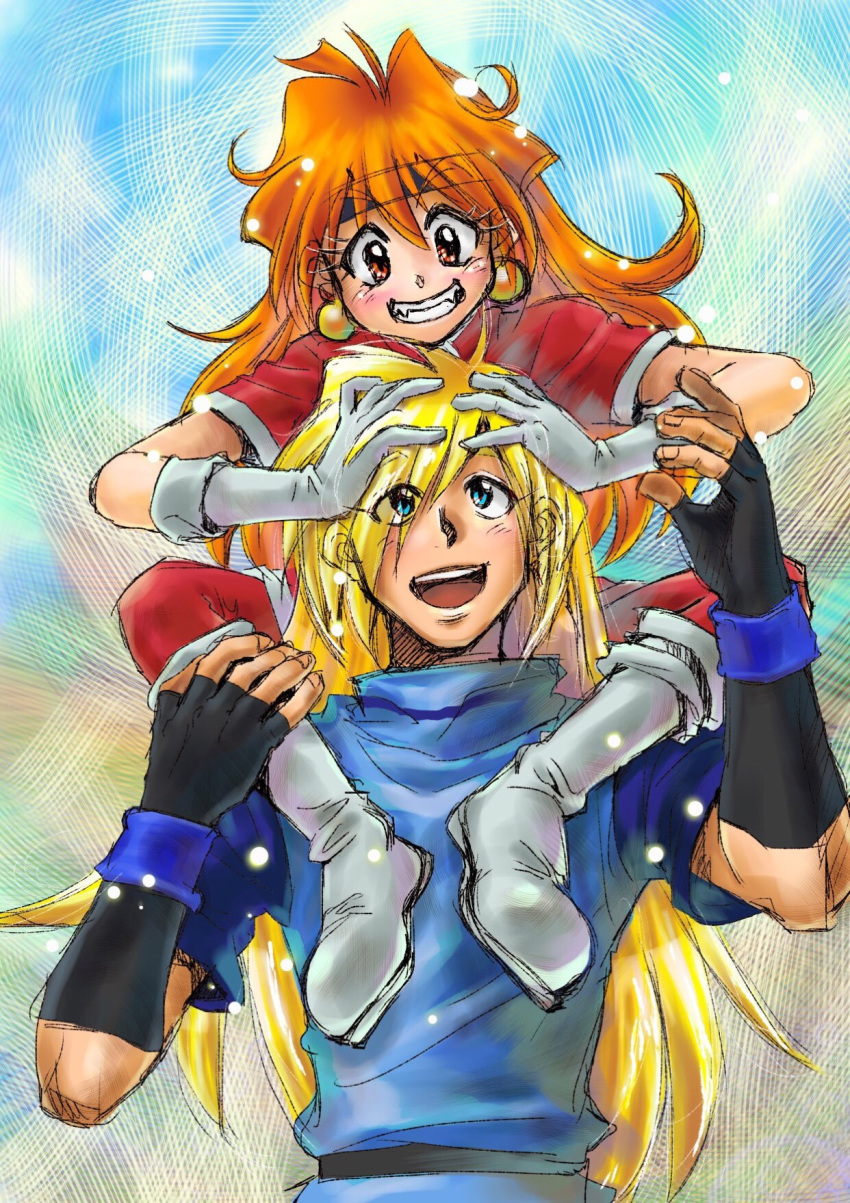 1boy 1girl artist_request boot fang gloves gourry_gabriev grin lina_inverse slayers smile sorcerer