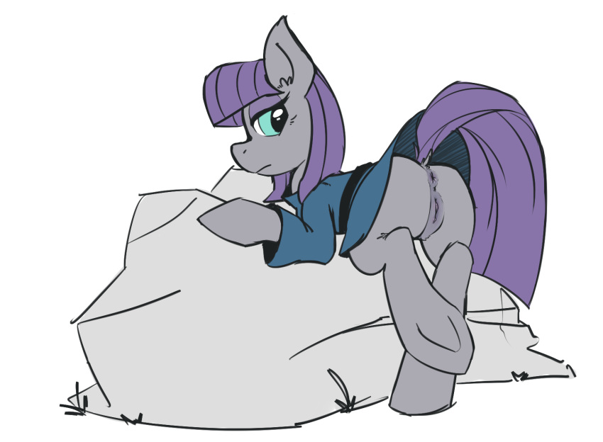 2014 anus blue_eyes boulder butt clothing earth_pony equine female feral friendship_is_magic fur grey_fur hair half-closed_eyes horse mammal maud_pie_(mlp) my_little_pony notsafeforhoofs pony purple_hair pussy raised_tail rock simple_background solo white_background