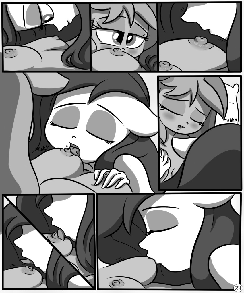 anthro areola bedroom big_breasts blush breast_grab breast_squeeze breast_suck breasts clothed clothing comic duo equine erect_nipples eyes_closed female female/female greyscale hair hand_on_breast hi_res horse killryde licking lust_from_afar mammal monochrome my_little_pony nipple_biting nipple_lick nipples pillow pony sucking tongue tongue_out topless