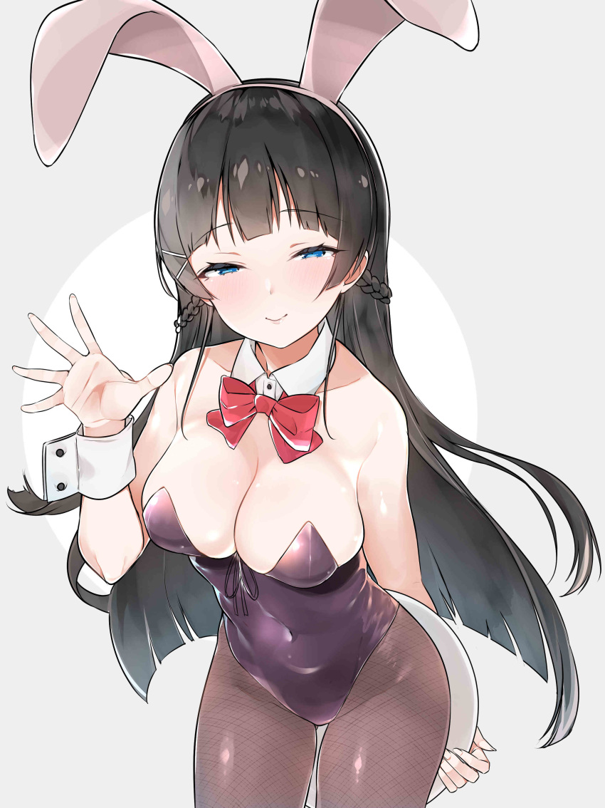 absurdres animal_ears black_hair black_leotard blue_eyes bow bowtie braid breasts bunny_ears bunnysuit cleavage cowboy_shot detached_collar fishnet_pantyhose fishnets french_braid grey_background highres jpeg_artifacts leaning_forward leotard long_hair looking_at_viewer medium_breasts mitsudoue nijisanji pantyhose red_neckwear smile solo strapless strapless_leotard tray tsukino_mito virtual_youtuber waving wrist_cuffs