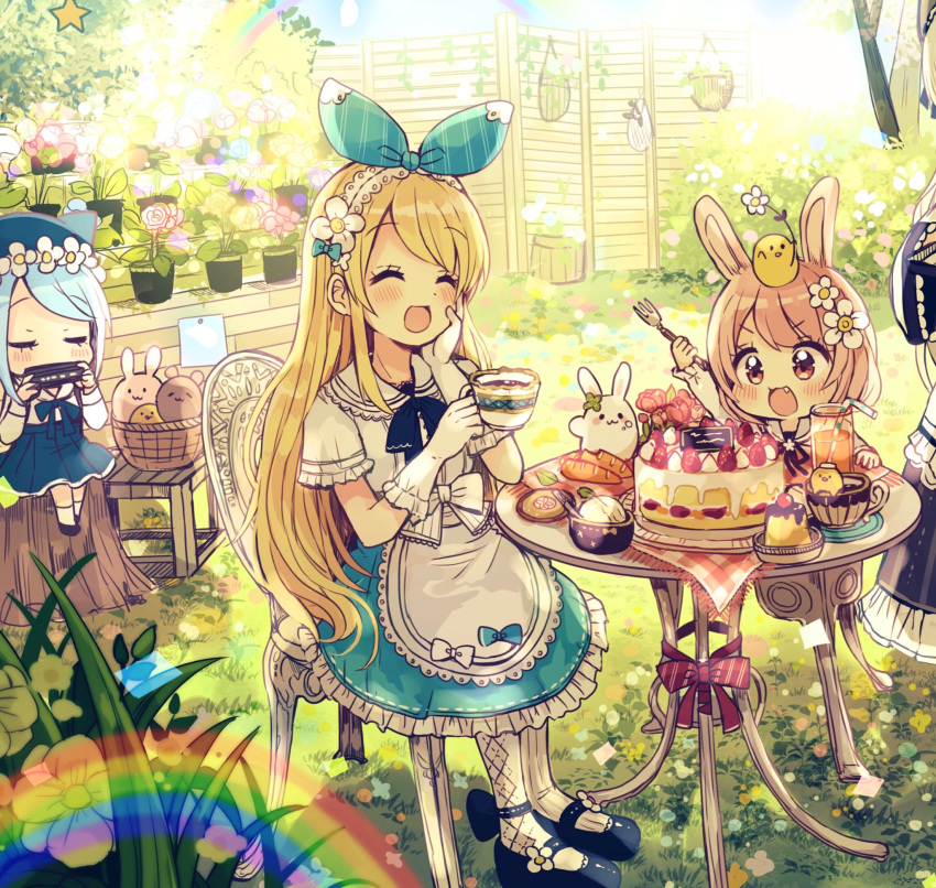 :3 :d ^_^ animal animal_hat animal_on_head bendy_straw bird bird_on_head black_footwear blonde_hair blue_flower blue_hair blue_hat blue_ribbon blue_rose blue_skirt blue_sky blush bow brown_eyes bunny cake carrot cat_hat chair chibi closed_eyes collared_shirt commentary cup day drink drinking_glass drinking_straw fang flower food fork fruit gloves hair_ribbon hairband hand_on_own_face harmonica hat highres holding holding_cup holding_fork holding_instrument instrument leaf light_brown_hair long_hair long_sleeves mary_janes multiple_girls music on_chair on_head open_mouth original outdoors pantyhose pink_flower pink_rose plaid playing_instrument pleated_skirt pudding rainbow red_bow red_flower red_rose ribbon rose sakura_oriko shirt shoes short_hair short_sleeves sitting skirt sky smile socks star strawberry strawberry_shortcake sunlight table teacup very_long_hair white_gloves white_hairband white_legwear white_shirt yellow_flower yellow_rose