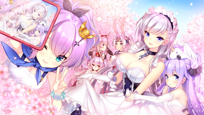 :d :o ;) animal_ears apron azur_lane bangs bare_shoulders belfast_(azur_lane) black_bow black_gloves black_ribbon blue_eyes blue_sky blush bow braid breasts broken broken_chain bunny_ears camisole chain cherry_blossoms cleavage commentary_request crown day detached_sleeves dmyomyo dress elbow_gloves eyebrows_visible_through_hair fingernails flower frilled_skirt frills fur-trimmed_jacket fur_trim gloves hair_between_eyes hair_ornament hair_ribbon hammann_(azur_lane) highres hiryuu_(azur_lane) holding jacket javelin_(azur_lane) laffey_(azur_lane) large_breasts long_hair long_sleeves maid maid_headdress medium_breasts mini_crown multiple_girls object_hug one_eye_closed one_side_up open_mouth outdoors parted_lips partly_fingerless_gloves petals pink_flower pink_jacket ponytail purple_eyes purple_hair red_bow red_eyes ribbon shirahane_nao side_bun sidelocks signature silver_hair skirt sky sleeveless sleeveless_dress small_breasts smile stuffed_animal stuffed_pegasus stuffed_toy stuffed_unicorn twintails unicorn_(azur_lane) upper_teeth v very_long_hair white_apron white_camisole white_gloves