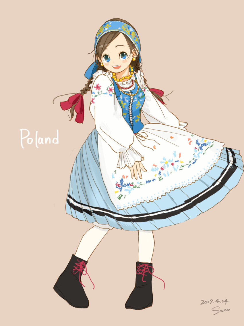 :d ankle_boots black_footwear blue_eyes blue_skirt blue_vest boots braid brown_hair dated full_body hair_ribbon head_scarf highres long_sleeves looking_at_viewer open_mouth original pink_background poland polish polish_clothes red_ribbon ribbon sako_(user_ndpz5754) signature simple_background skirt smile solo standing traditional_clothes tress_ribbon twin_braids vest