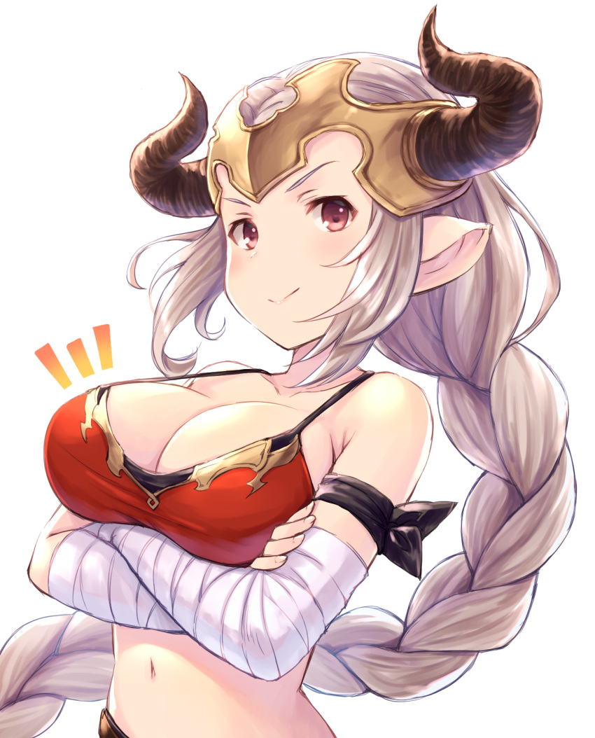 aliza_(granblue_fantasy) arm_wrap armband bare_shoulders blush braid breasts cleavage collarbone commentary crossed_arms draph granblue_fantasy hair_pulled_back headpiece highres horns large_breasts long_hair looking_at_viewer navel pointy_ears ponytail red_eyes silver_hair simple_background smile solo strap_gap tomo_(user_hes4085) upper_body white_background