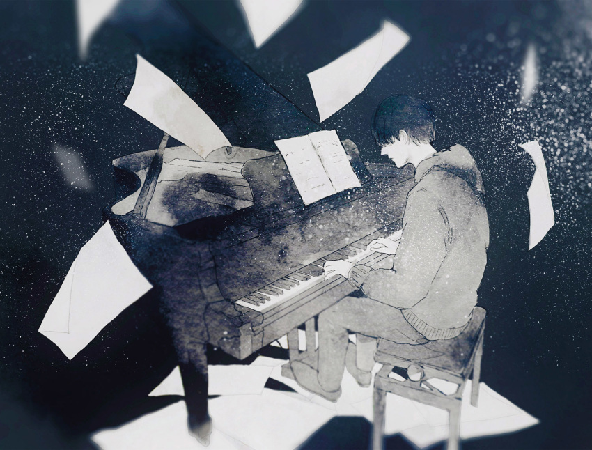 aofuji_sui black_background black_hair chair commentary expressionless flying full_body greyscale hair_over_eyes hood hoodie instrument long_sleeves male_focus monochrome original pants paper piano sheet_music shirt short_hair simple_background sitting