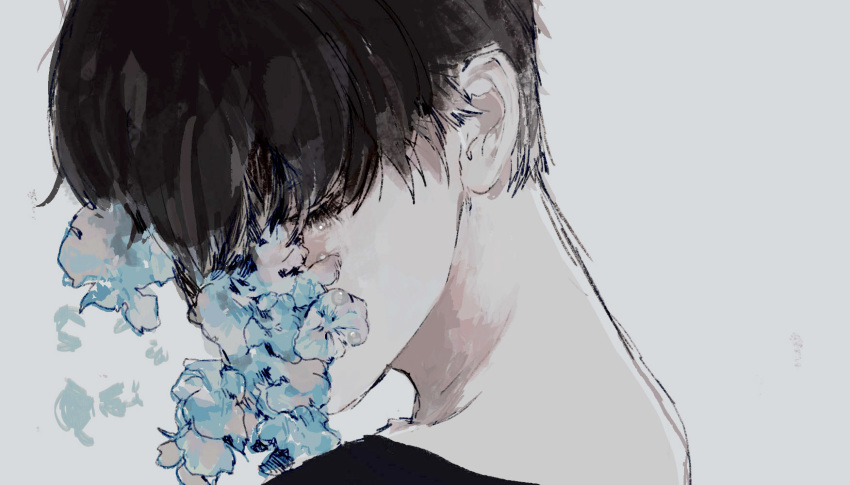 aofuji_sui black_hair black_shirt blue_flower closed_eyes commentary_request expressionless eyelashes flower grey_background highres male_focus original shirt short_hair simple_background