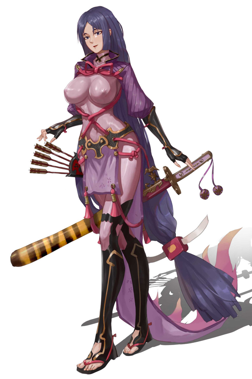 absurdly_long_hair absurdres armor arrow bangs bikini black_gloves bodysuit breasts chaji_h cleavage commentary_request covered_navel covered_nipples curvy fate/grand_order fate_(series) fingerless_gloves gloves highres japanese_armor katana large_breasts loincloth long_hair low-tied_long_hair minamoto_no_raikou_(fate/grand_order) parted_bangs purple_bikini purple_bodysuit purple_eyes purple_hair quiver ribbed_sleeves rope sandals shadow suneate swimsuit sword tabard tiger_stripes very_long_hair weapon