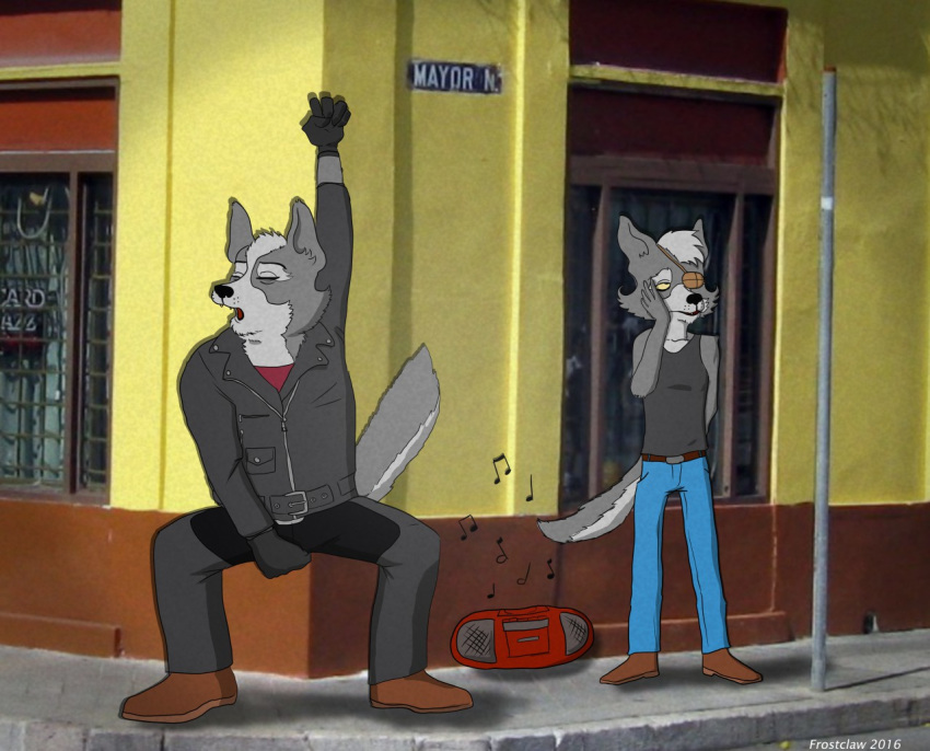 2016 annoyed black_nose cael_o'donnell canine clothing dancing eye_patch eyewear fan_character father footwear frostclaw fur grey_fur jacket jeans mammal nintendo pants parent photo_background pole radio red_shirt shadow shirt shoes sidewalk son star_fox star_fox_the_animated_series tank_top undershirt video_games watermark wolf wolf_o'donnell yellow_eyes young