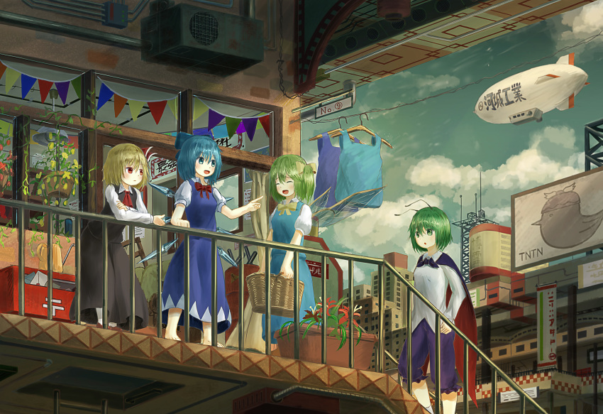 4girls :o absurdres against_railing air_conditioner aircraft antennae arm_rest banner barefoot basket billboard black_skirt black_vest blimp blonde_hair blue_dress blue_eyes blue_hair blue_sky bow breasts building cape cirno city closed_eyes clothes_hanger clothesline cloud commentary_request cravat crossed_arms daiyousei day dirigible dress ekaapetto expressionless eyebrows_visible_through_hair fairy_wings flower green_eyes green_hair hair_between_eyes hair_bow hair_ribbon hand_on_hip hand_on_railing handrail highres leaning_forward leaning_on_object long_sleeves looking_at_another looking_to_the_side multiple_girls mystia_lorelei mystia_lorelei_(bird) open_mouth outdoors pantyhose plant planter pointing postbox_(outgoing_mail) poster_(object) potted_plant puffy_short_sleeves puffy_sleeves radio_antenna red_bow red_eyes red_neckwear ribbon rumia shirt short_hair short_sleeves shorts side_ponytail sideways_glance sign skirt sky skyscraper small_breasts spider_lily stairwell standing storefront streamers touhou vest vines watering_can white_legwear white_shirt wings wriggle_nightbug