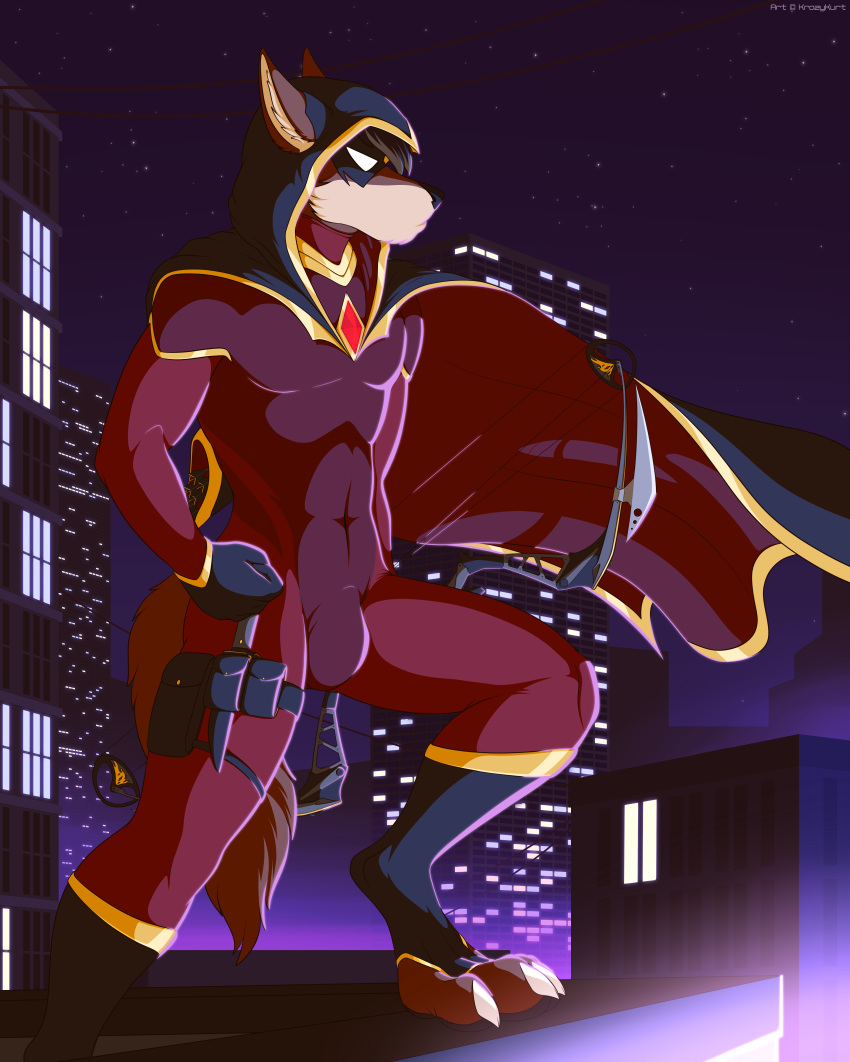 2018 4_toes 5_fingers absurd_res anthro anti anti-hero barefoot biceps black_nose bodysuit bow brown_fur building bulge canine catsuit_(disambiguation) city claws cloak clothed clothing collar costume detailed_background digital_drawing_(artwork) digital_media_(artwork) digitigrade feet feetpaw footwear fur gloves glowing hair hero hi_res jackal krazykurt legwear male mammal muscular muscular_male necktie outside pawpads paws rubber rubber_suit shiny sicarius skinsuit sky solo spandex standing suit superhero thick_thighs tight_clothing toe_claws toes warrior weapon wide_hip xepher