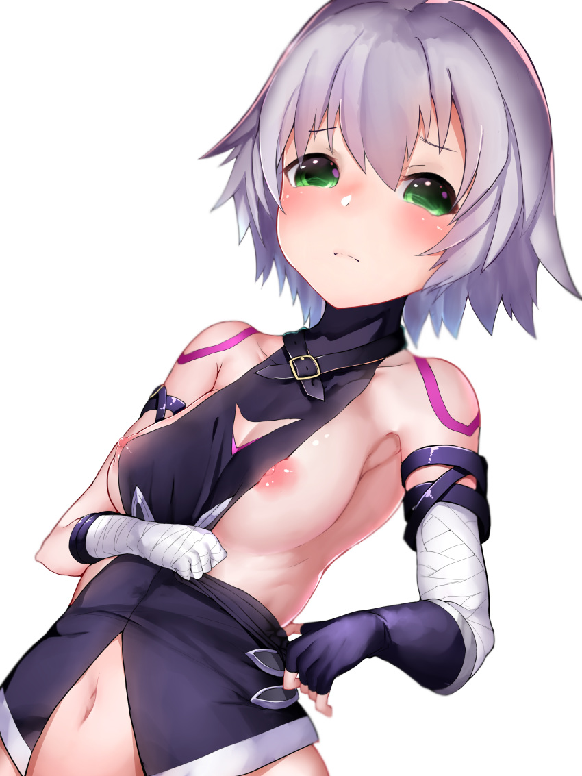 absurdres bad_id bad_pixiv_id bandaged_arm bandages bare_shoulders black_gloves black_vest blush boruhis breasts breasts_outside closed_mouth commentary dutch_angle eyebrows_visible_through_hair fate/grand_order fate_(series) fingerless_gloves gloves green_eyes halter_top halterneck highres jack_the_ripper_(fate/apocrypha) looking_at_viewer medium_breasts navel nipples no_bra short_hair silver_hair simple_background single_glove solo standing tattoo vest white_background