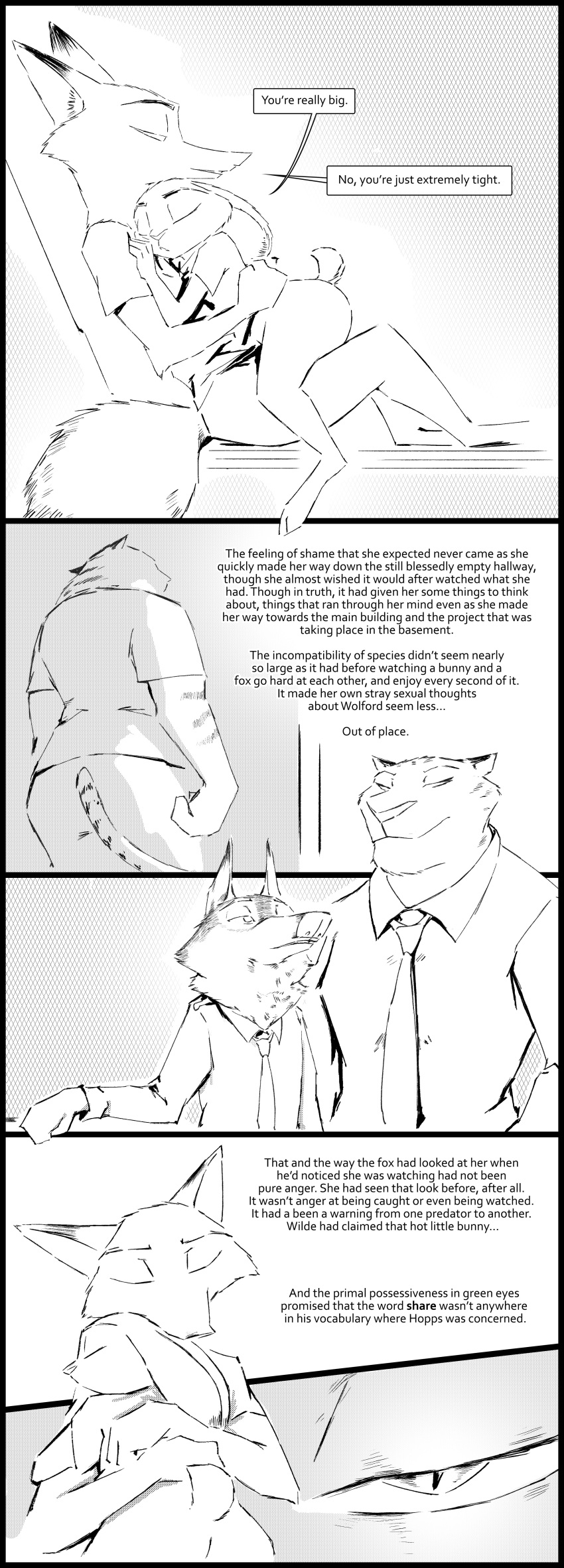 2018 after_sex anthro bottomless butt canine clothed clothing comic dialogue disney english_text feline female fox greyscale group hug judy_hopps lagomorph male male/female mammal monochrome necktie nick_wilde officer_fangmeyer on_lap rabbit screentone sitting_on_lap speech_bubble text thewyvernsweaver tiger wolf wolford zootopia