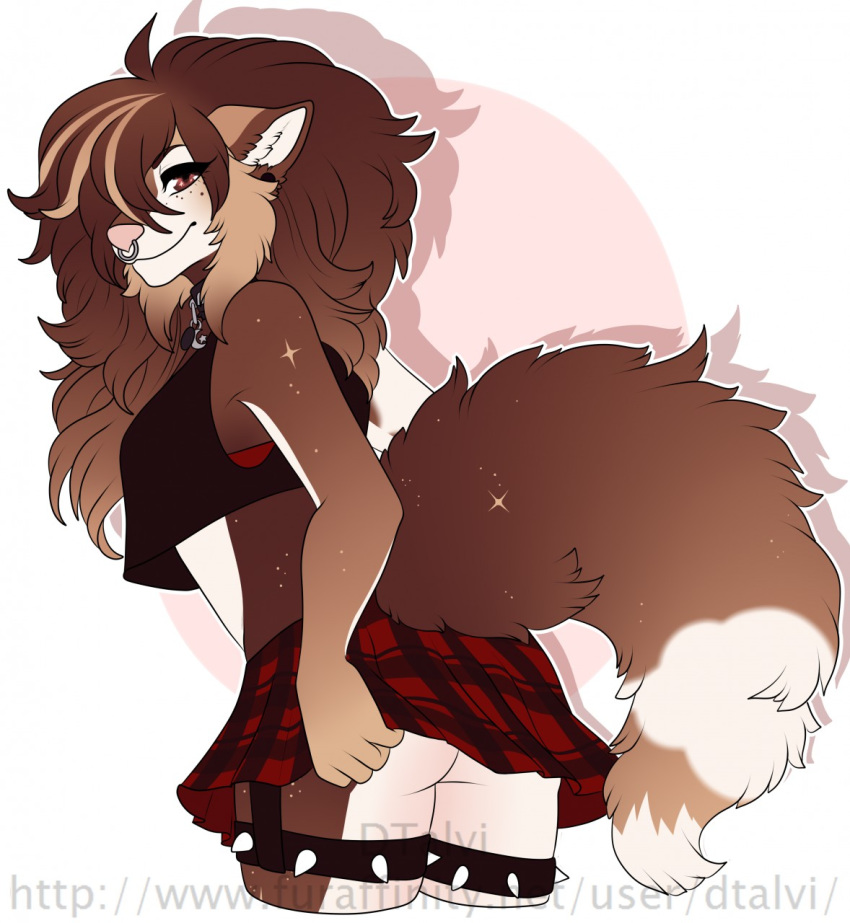 anthro butt canine clothed clothing collar dtalvi facial_piercing female garter hair looking_back mammal nose_piercing piercing septum_piercing skirt solo standing teasing