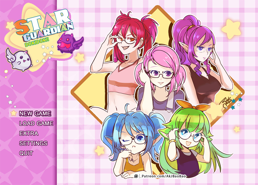 :d ;( aa2233a adjusting_eyewear ahoge animal_ears bow bracelet breasts doki_doki_literature_club english fake_screenshot flat_chest glasses green_hair hand_up hands_up jewelry league_of_legends long_hair medium_breasts midriff multiple_girls navel open_mouth orange_bow overalls pencil pointy_ears ponytail purple_eyes purple_hair red_eyes red_hair short_twintails smile star star_guardian_janna star_guardian_jinx star_guardian_lulu star_guardian_lux star_guardian_poppy title_screen twintails watermark web_address