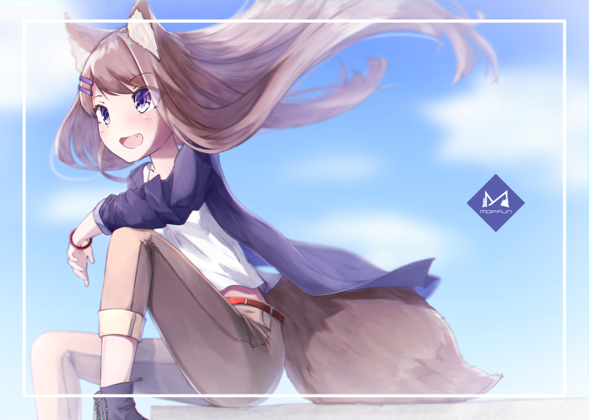 :d absurdres animal_ears bad_id bad_pixiv_id bangs belt blue_sky blurry boots bracelet brown_hair brown_pants cloud day depth_of_field eyebrows_visible_through_hair eyes_visible_through_hair fang feet_out_of_frame fox_ears fox_tail frame hair_ornament hairclip highres jacket jewelry knee_up long_hair long_sleeves looking_away mayogii open_mouth original outdoors pants purple_eyes shirt sitting sky smile solo tail white_shirt wind