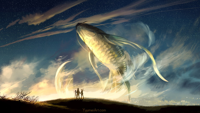 1boy 1girl animal cloud commentary english_commentary field fish flying_fish hand_holding highres holding_hands original outdoors oversized_animal pointing silhouette sky standing star_(sky) starry_sky sunlight sunset surreal tripod visible_air watermark web_address wenqing_yan wide_shot wind
