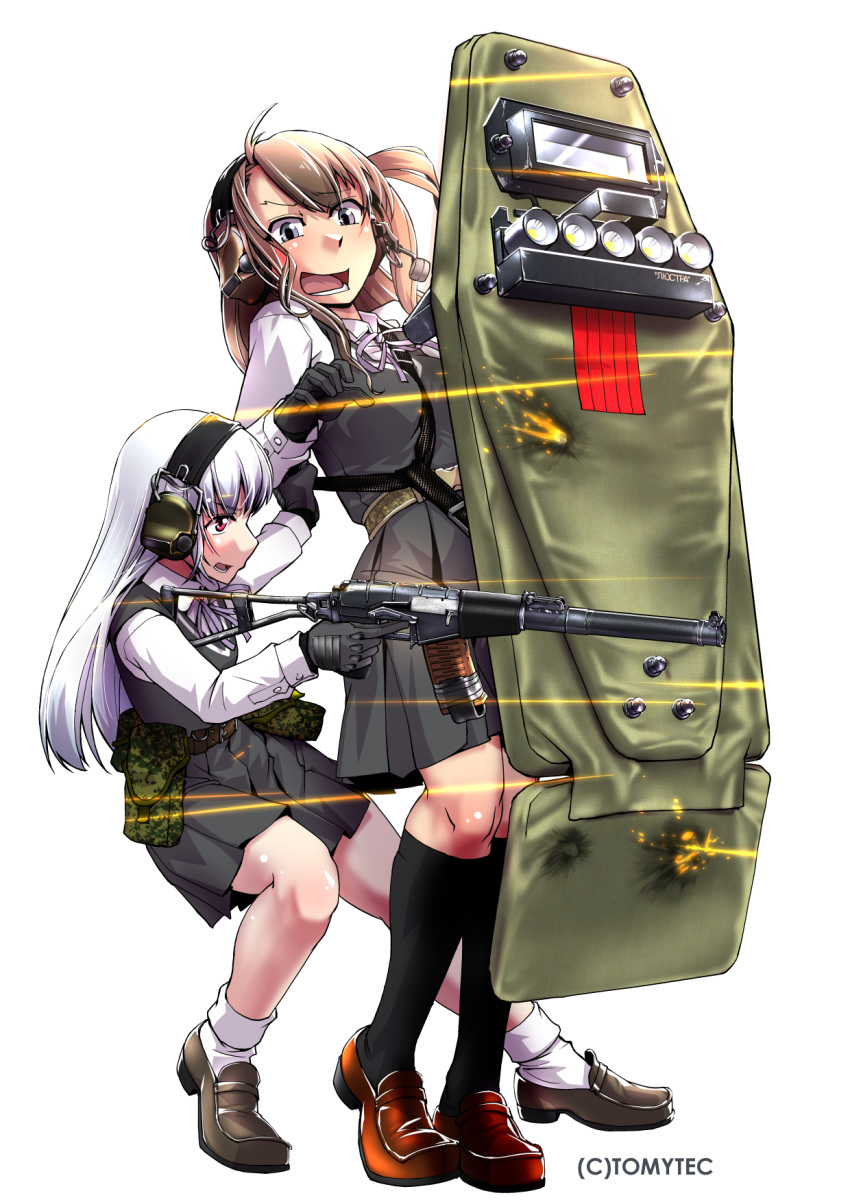 as_val assault_rifle commentary_request firefight gloves gun highres holding holding_gun holding_weapon kamotama knee_pads little_armory machine_gun multiple_girls neckerchief open_mouth pleated_skirt rifle school_uniform serafuku shield short_hair skirt weapon