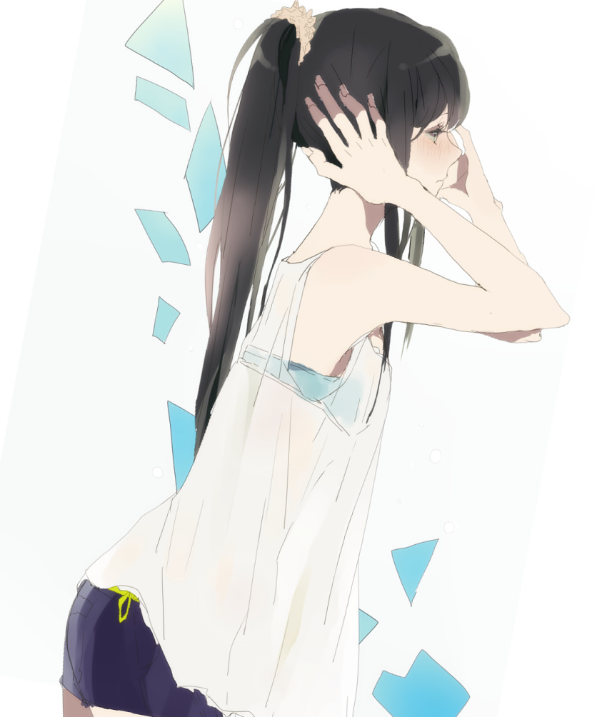 arms_up black_hair blue_bra blush bra expressionless eyelashes fingernails highres long_hair looking_away original ponytail profile see-through shirt shorts simple_background sleeveless solo underwear white_background white_shirt yukimori_nene