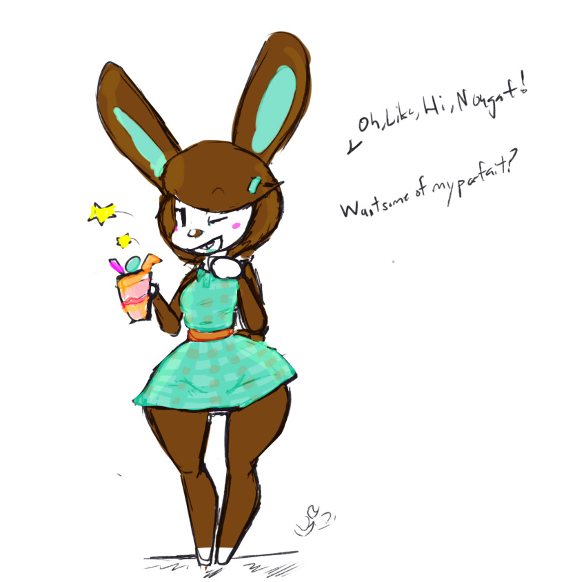 animal_crossing anthro blush blush_stickers carmen_(animal_crossing) english_text featureless_feet featureless_hands female hi_res lagomorph looking_at_viewer mammal nintendo one_eye_closed rabbit simple_background sirphilliam solo text video_games white_background wink