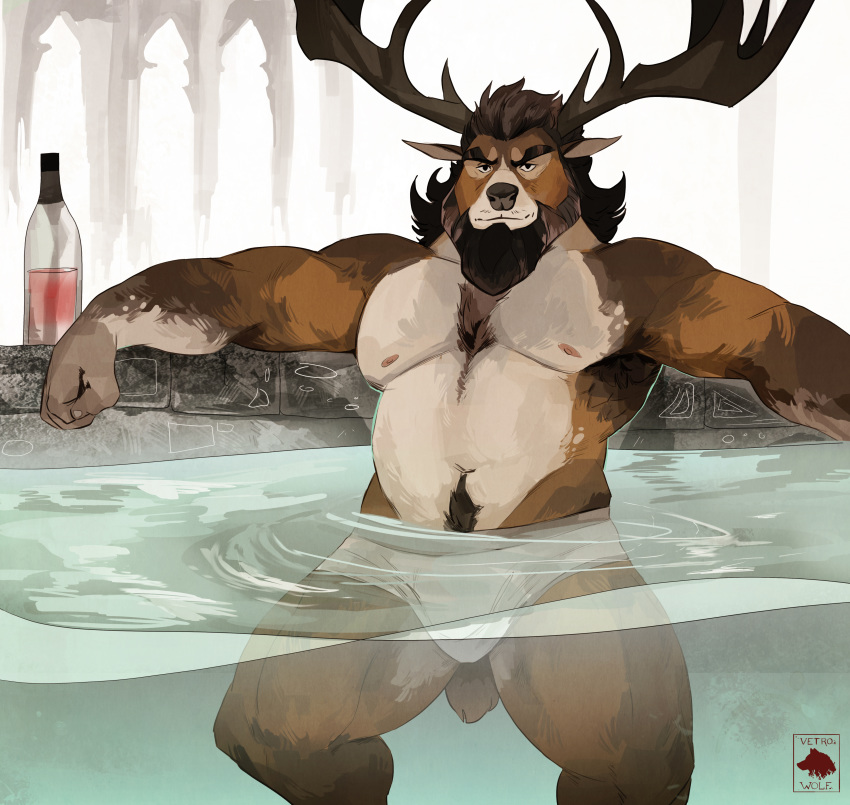 2018 alcohol anthro barazoku beard beverage black_hair body_hair cervine chest_hair clothing duo facial_hair hair happy_trail horn looking_at_viewer male mammal muscular muscular_male navel nipples pecs stomach_hair underwear vetrowolf water