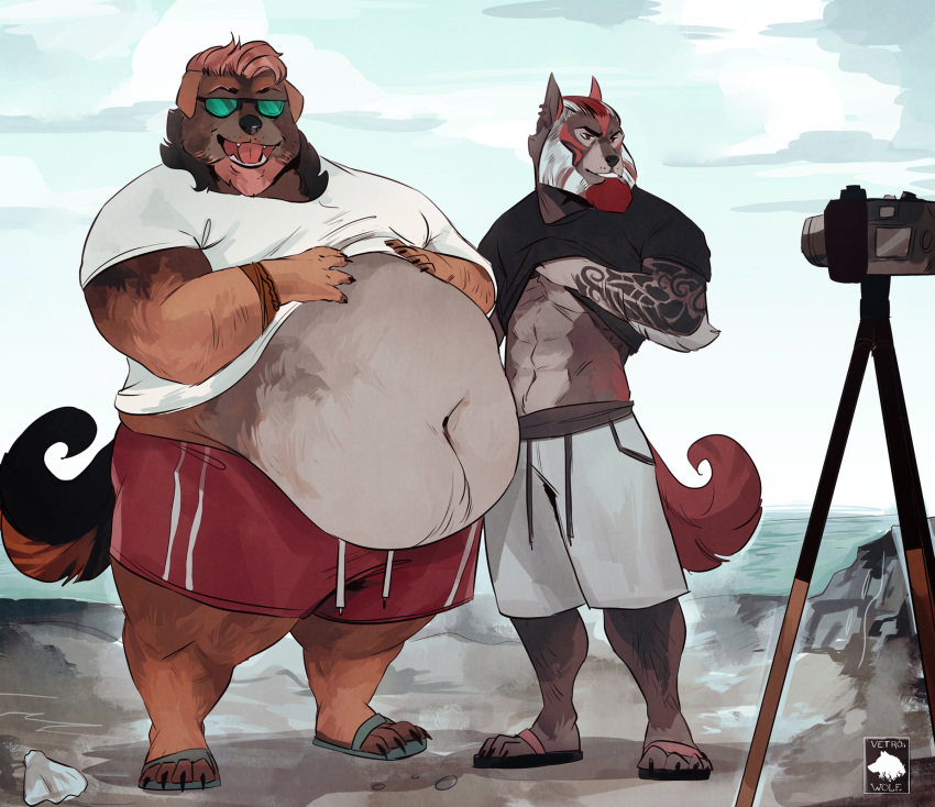 2018 4_toes abs anthro beach beard belly big_belly black_hair bracelet camera canine clothing dog duo eyewear facial_hair footwear hair jewelry male mammal muscular muscular_male navel obese open_mouth overweight overweight_male pose red_hair sandals sea seashell seaside shirt shorts standing sunglasses tattoo teeth toes tongue tripod vetrowolf water wolf