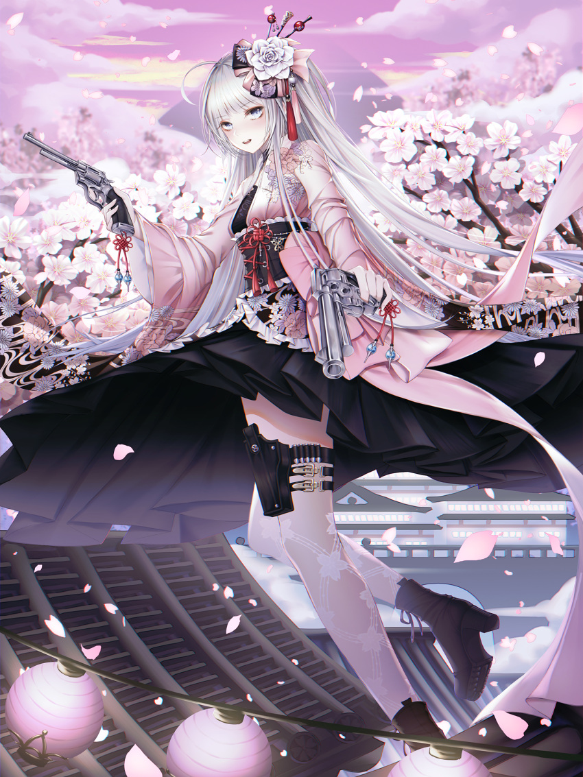 ahoge architecture black_footwear black_skirt boots cecil86 cherry_blossoms cloud day east_asian_architecture floating_hair flower full_body grey_eyes gun hair_flower hair_ornament high_heel_boots high_heels highres holding holding_gun holding_weapon holster japanese_clothes kimono leg_up long_hair looking_at_viewer obi open_mouth original outdoors pink_flower pink_kimono pleated_skirt sash silver_hair skirt sky solo standing standing_on_one_leg thigh_holster thighhighs very_long_hair weapon white_flower white_legwear